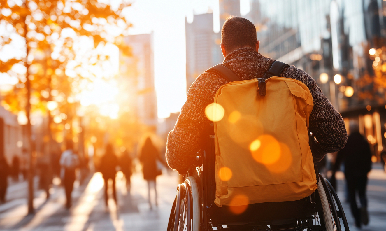 A person in a wheelchair navigating a busy city