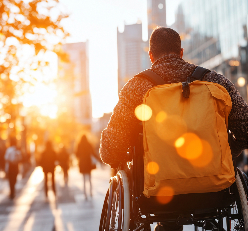 A person in a wheelchair navigates a busy city scene